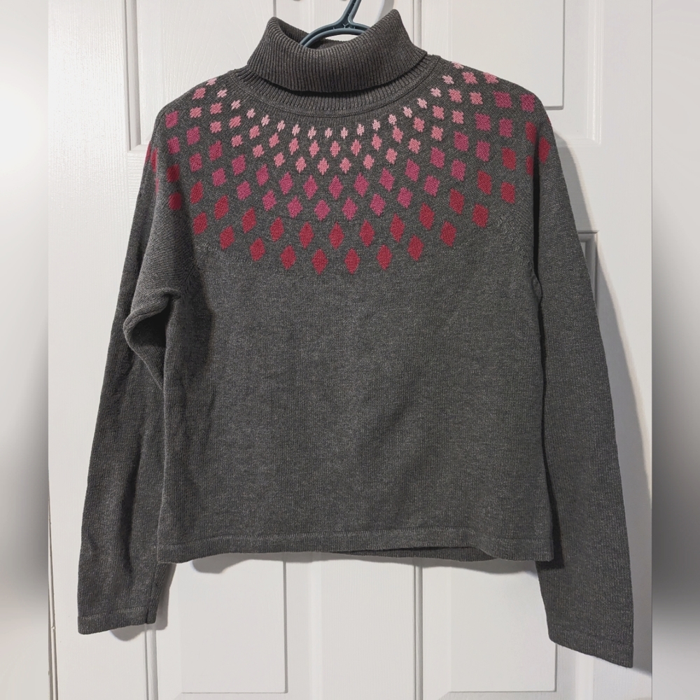 Talbots Grey with Pink Ombre Diamond Pattern Detailing Turtleneck Sweater
